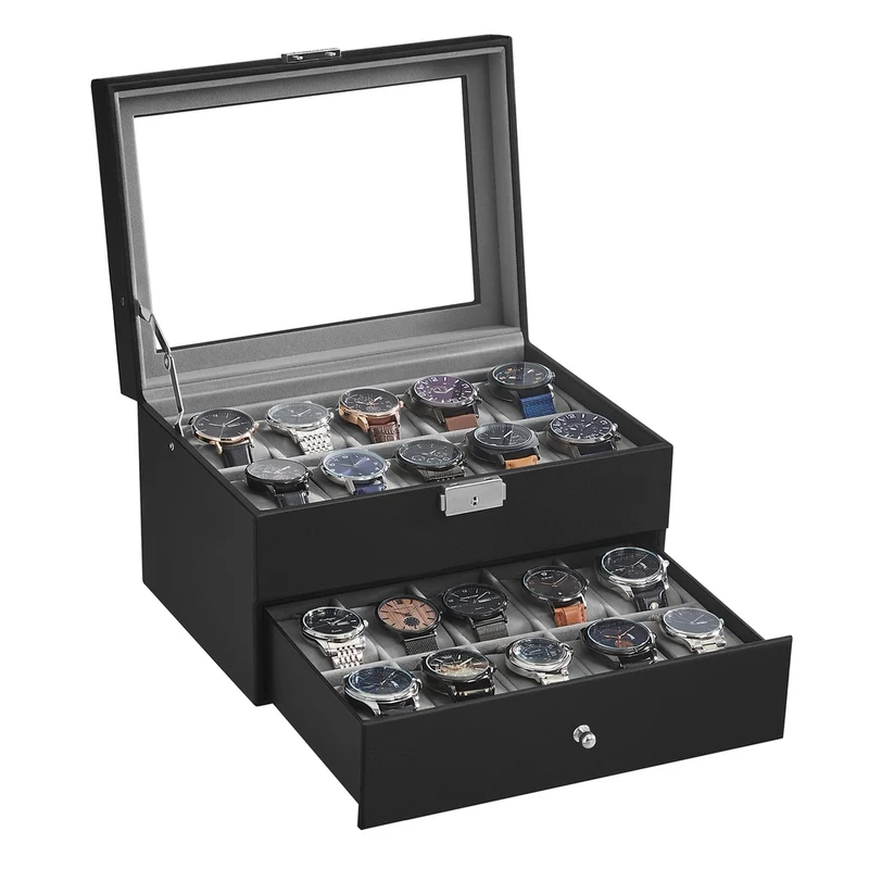 Uhrenbox 2 Ebenen mit Glasdeckel und herausnehmbaren Uhrenkissen