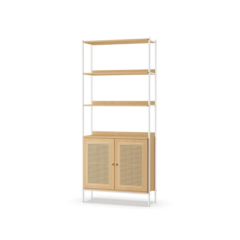 Bücherregal mit Türen in Rattan-Optik benholzschwarz-mattschwarz
