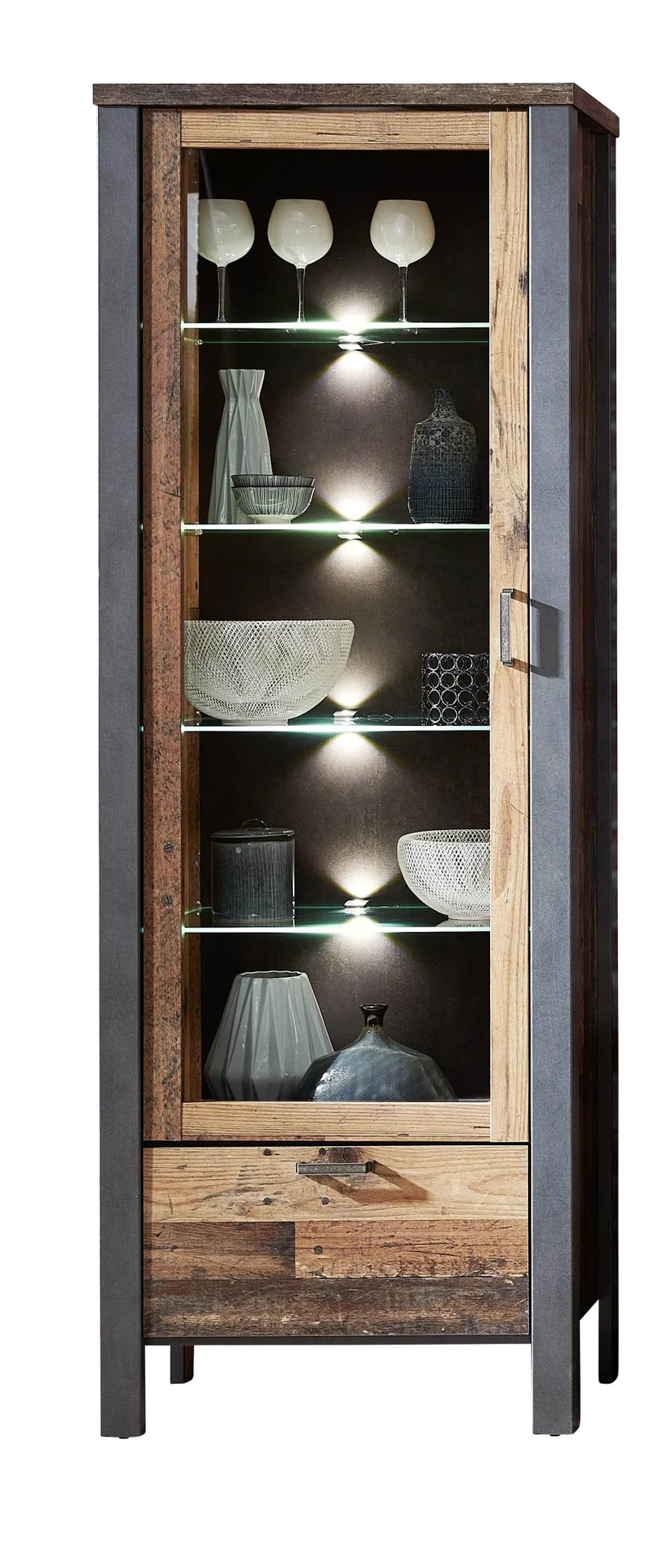 Vitrine CARDIFF 1-türig mit LED Beleuchtung - Vintage Style Mix dark