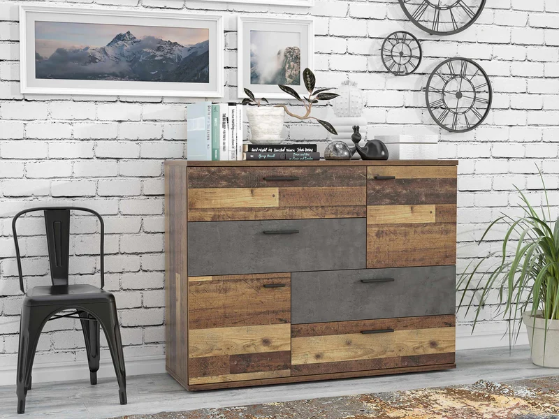 Kommode Sideboard SKIVE Optik Old Wood Vintage / Betonoptik dunkelgrau