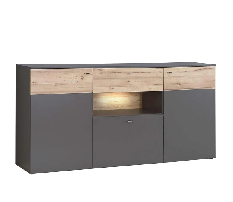 Sideboard COMO Optik: Grau / Planked Eiche mit Beleuchtung von Fort