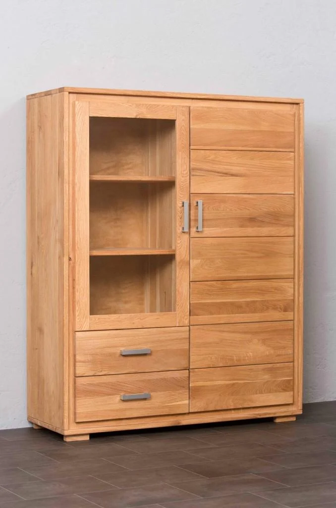 Highboard Vitrine 2-türig Wildeiche Massivholz geölt, Basel