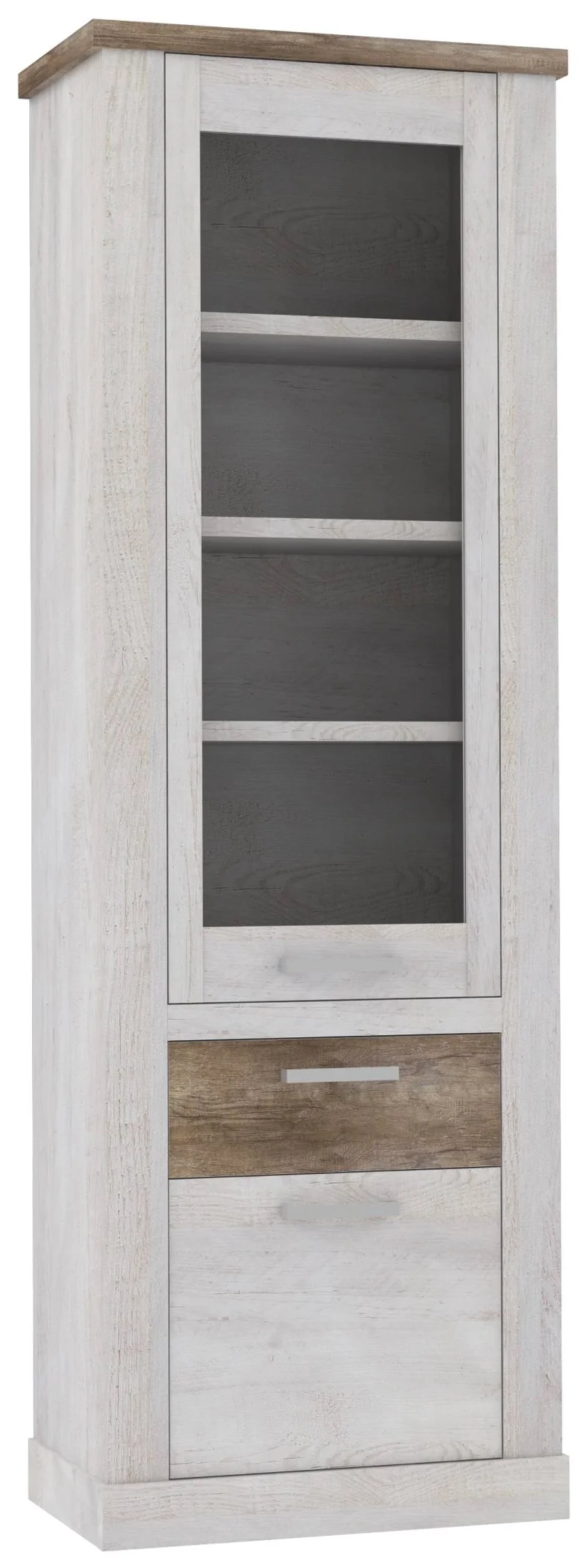 Vitrine DURO 2 Türen 1 Schublade, Schrank mit Glastür Pinie weiß antik