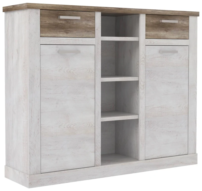 Highboard DURO, 2 Türen, 2 Schubladen, Optik Pinie weiß antik