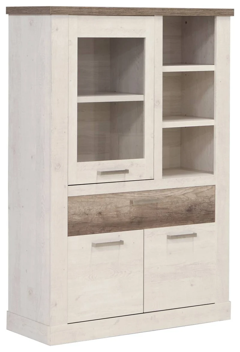 Highboard - Vitrine DURO, Schrank 1+2 Türen, Optik: Pinie weiß antik