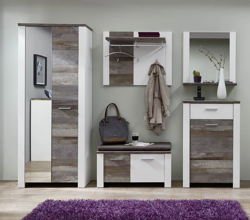 Garderobenset MATEO WD82 weiß, Absetzung Driftwood Nachbildung