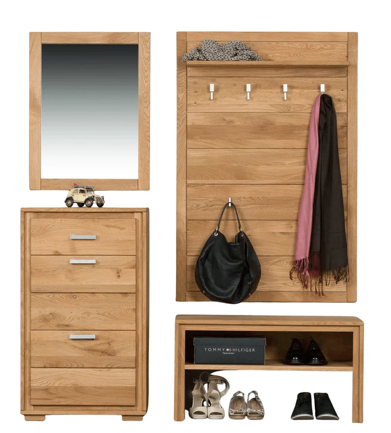 Garderoben Set Wildeiche Massivholz geölt, 4-teilig, Basel IV