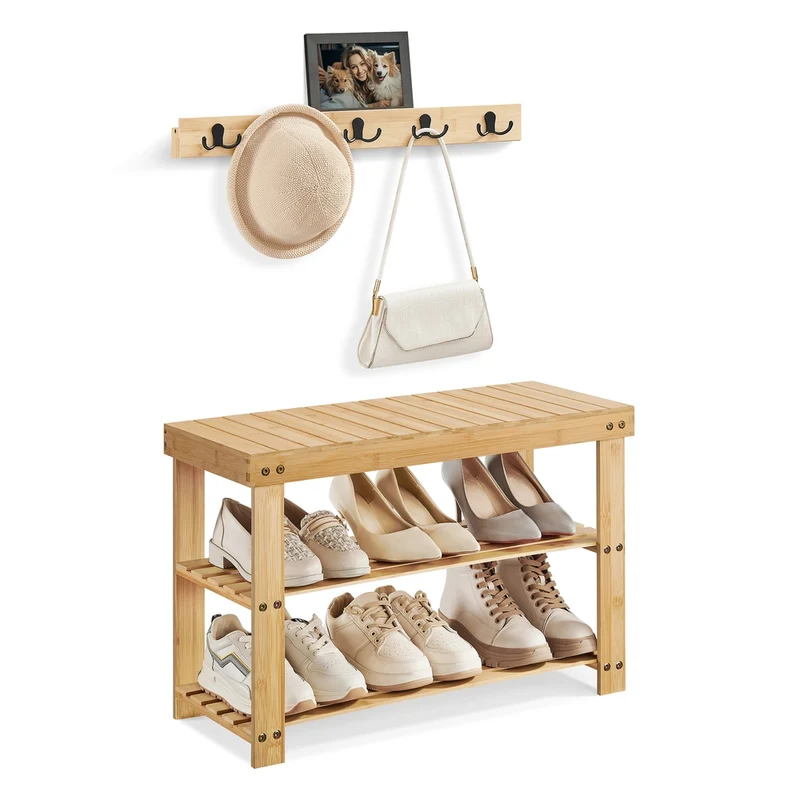 Schuhbank Wandgarderobe Set aus Bambus naturbeige