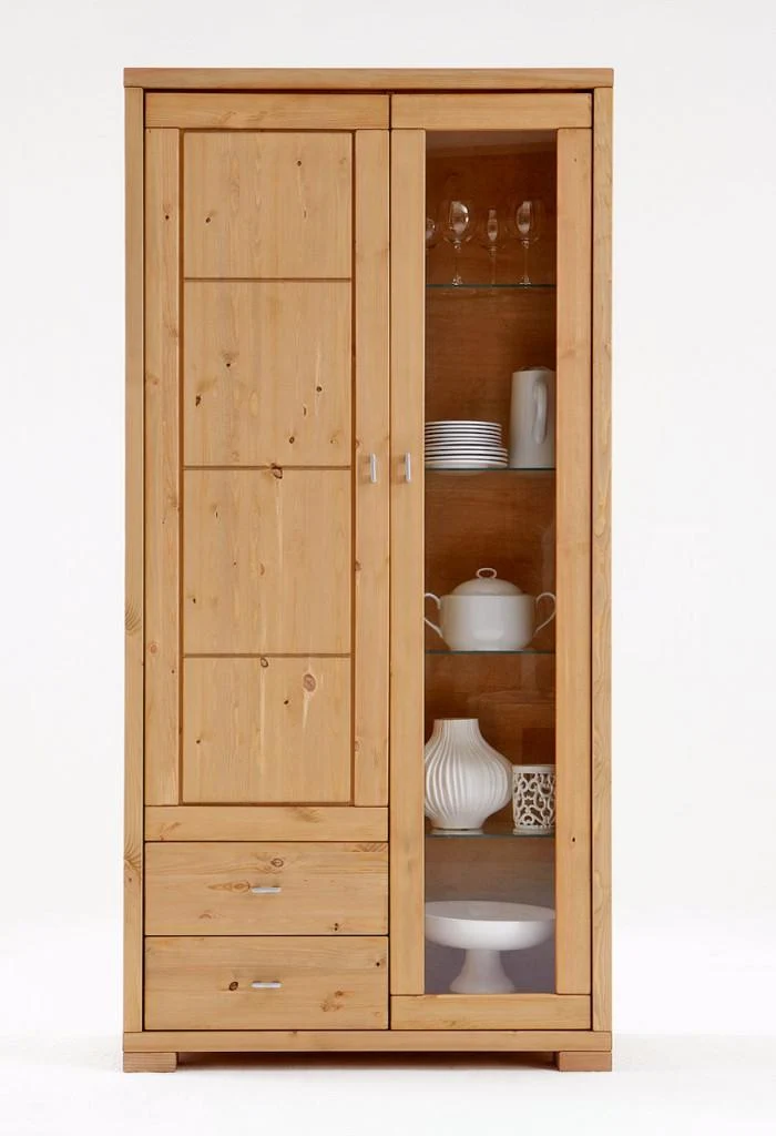 Vitrine VITA 1 Holztür + 1 Glastür, 2 Schubladen Kiefer massiv
