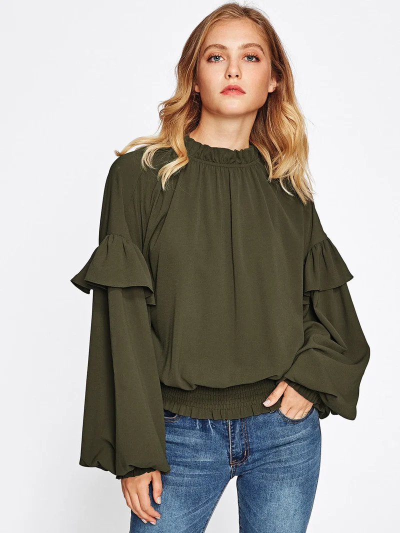 Frill Trim Bishop Sleeve Smocked Hem Blouse