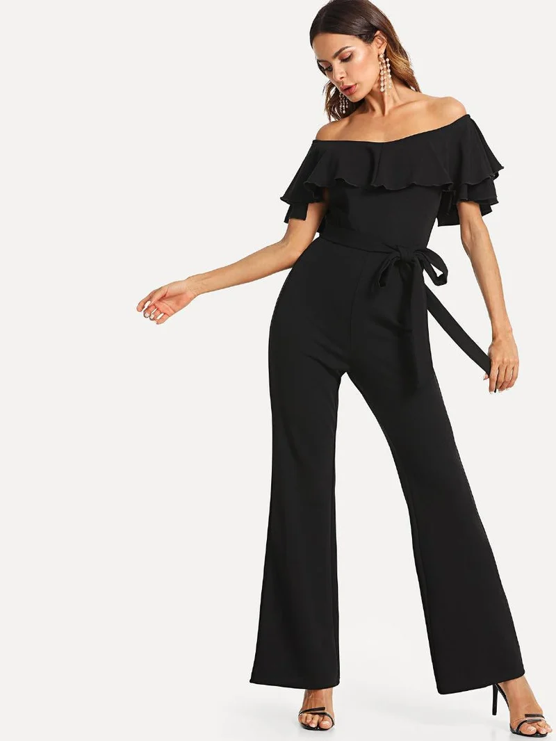 Flounce Off Shoulder Self Tie Jumpsuit
