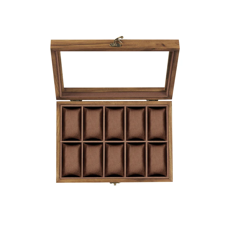 Uhrenbox mit 10 Fächern aus Massivholz walnussfarben