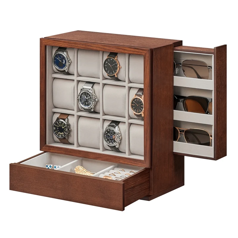 Uhrenbox 12 Fächer mit Fenster Geschenkidee kaffeebraun