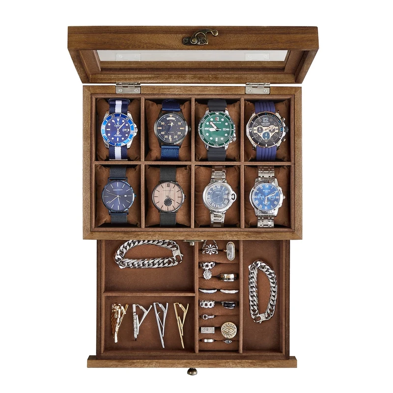 Uhrenbox mit Glasdeckel aus Massivholz