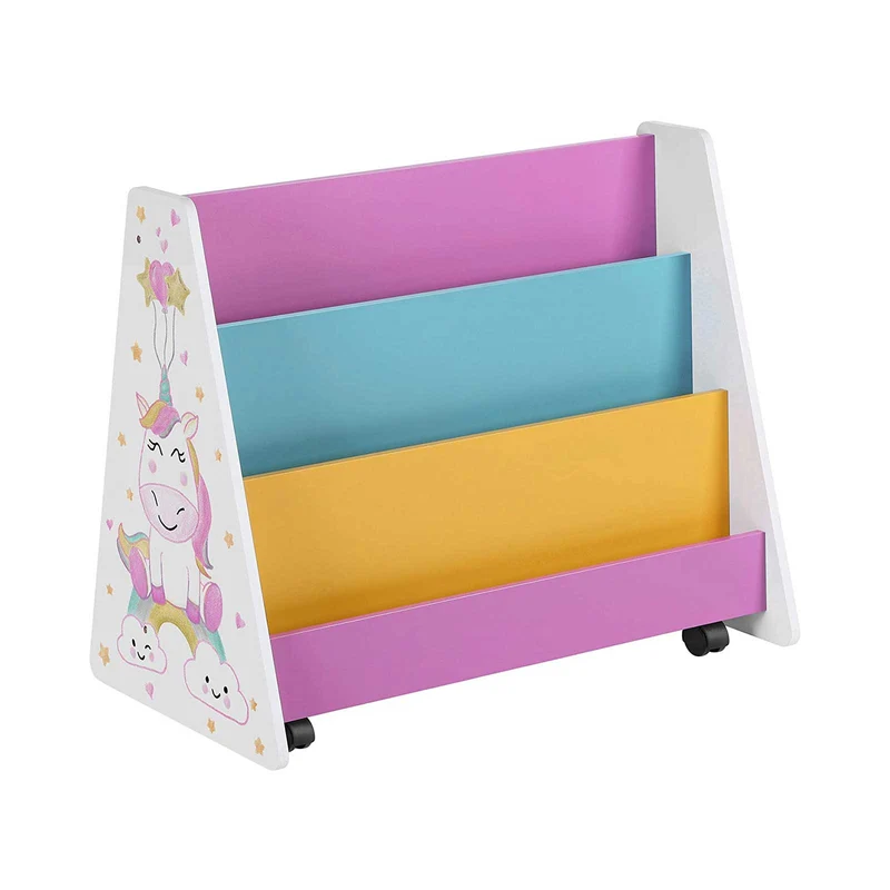 Bücherregal für Kinder weiß, blau, pink, gelb und schwarz
