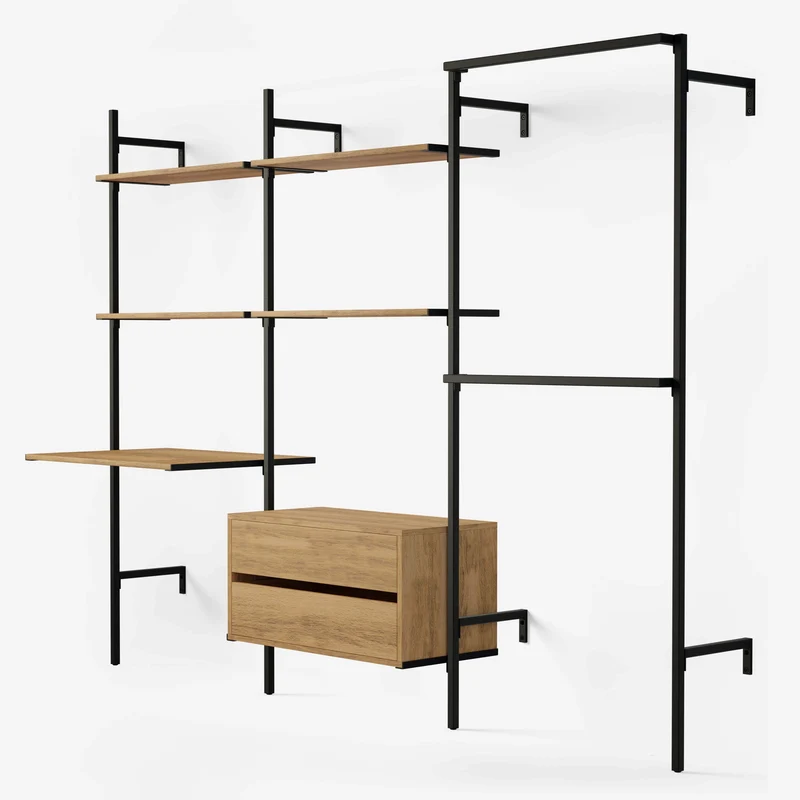 Frame Walk-In 3 Reihen Kleiderstangensystem - ( 2 Regale + 1 Tisch / 2 Regale + 1 Kommode / 2 Kleiderstangen)