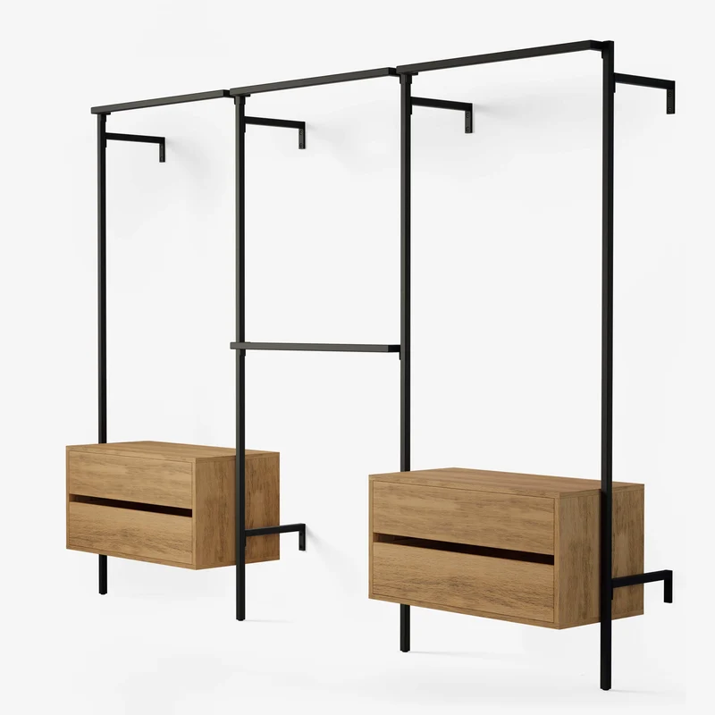 Frame Walk-In 3 Reihen Kleiderstangensystem - (1 Kleiderstange + 1 Kommode / 2 Kleiderstangen / 1 Kleiderstange + 1 Kommode)
