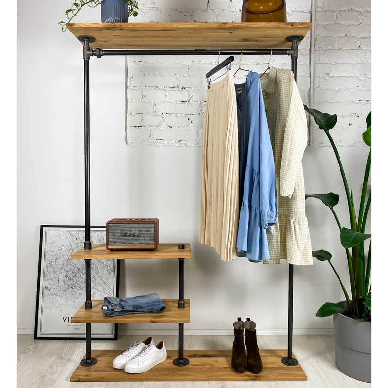 UNIQUE TOP - Garderobe mit 4 Ablageflächen im Industrial Design – Wandgarderobe mit Haken aus Stahlrohr & Holz