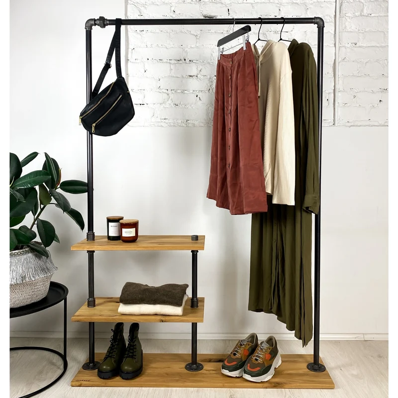 UNIQUE - Kleiderständer mit 3 Ablageflächen im Industrial Style – Kleiderständer aus Stahl & Holz