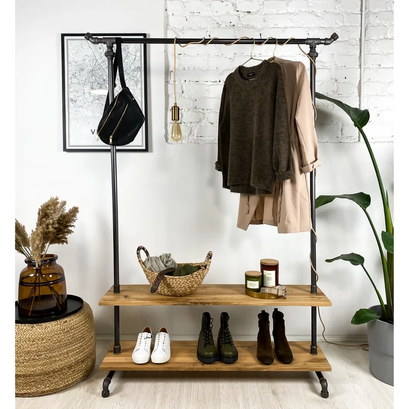 MODERN - Garderobe mit 2 Ablageflächen im Industrial Design – Garderobe mit Haken aus Stahlrohr & Holz