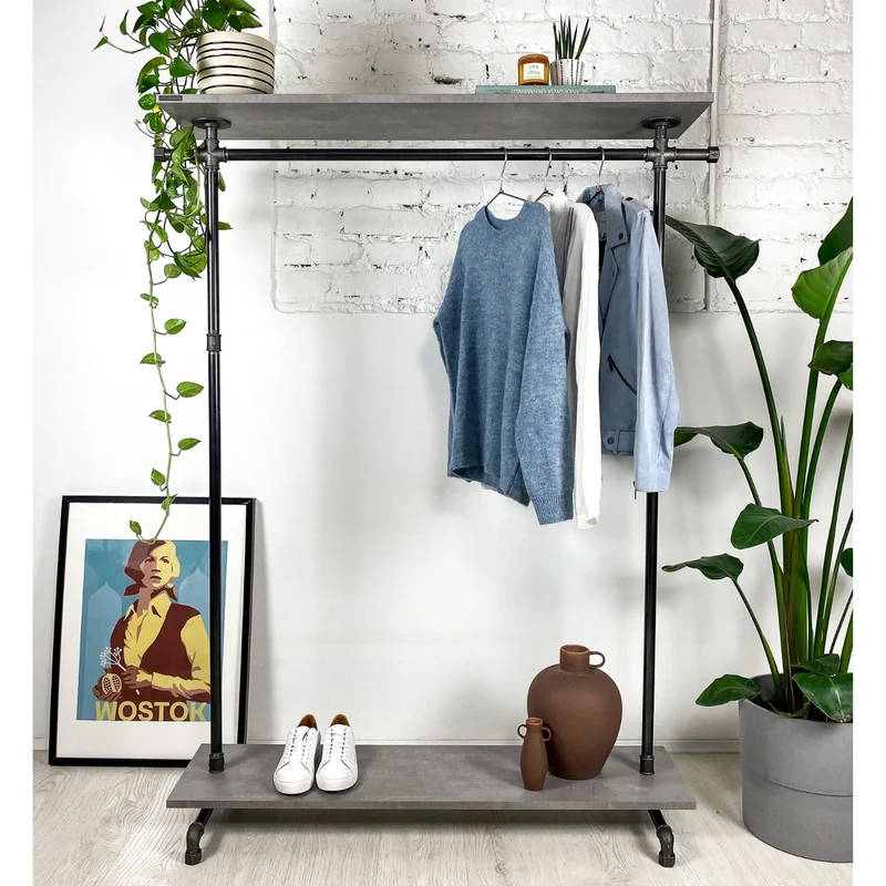 GENTLE - Garderobe mit 2 Ablageflächen im Industrie Design – Garderobe mit Haken aus Stahlrohr & Holz