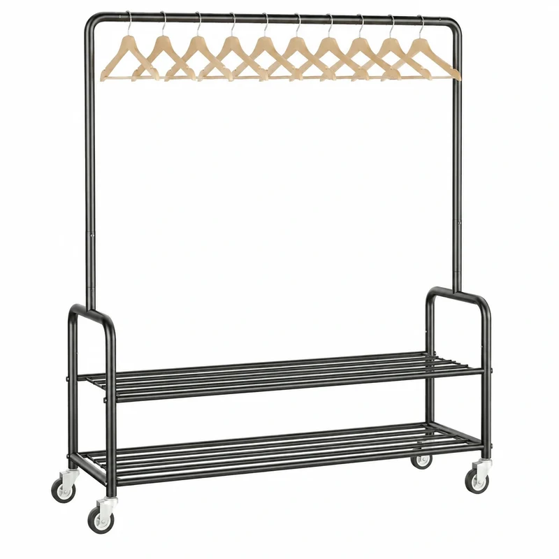 Robuster Kleiderständer mit Rollen und Regalen, 118 cm Metallstange für Schlafzimmer, Schwerlast & vielseitig, Schwarz