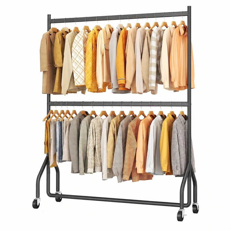 Robuster Doppel-Kleiderständer auf Rollen, Metallschrank für Kleidung 152x46x220cm