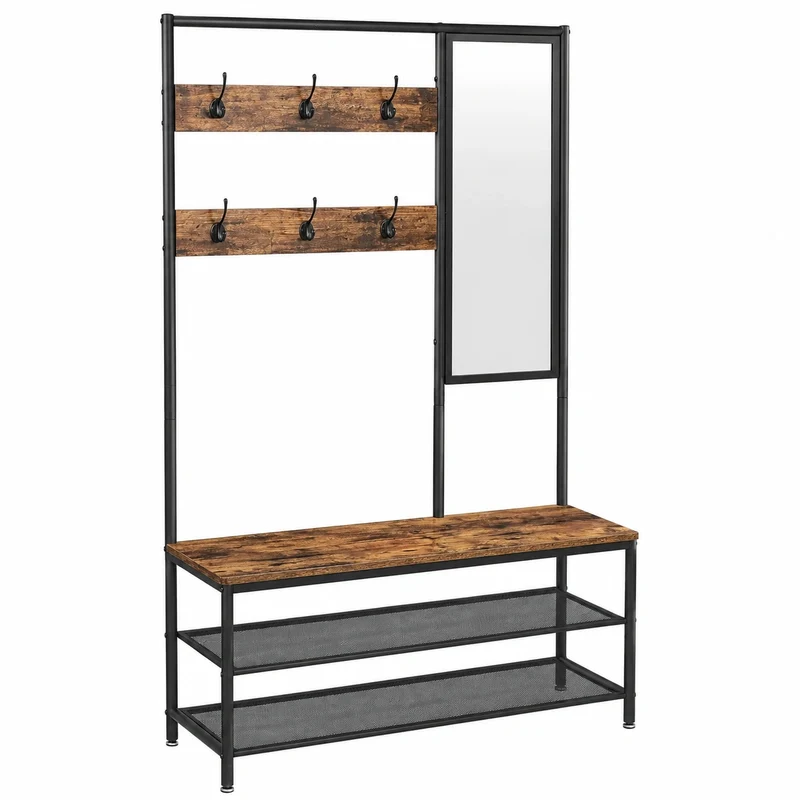 Industrie-Design Garderobenständer mit Spiegel und Sitzbank, VASAGLE, Vintagebraun-Schwarz, 35 x 98 x 180 cm