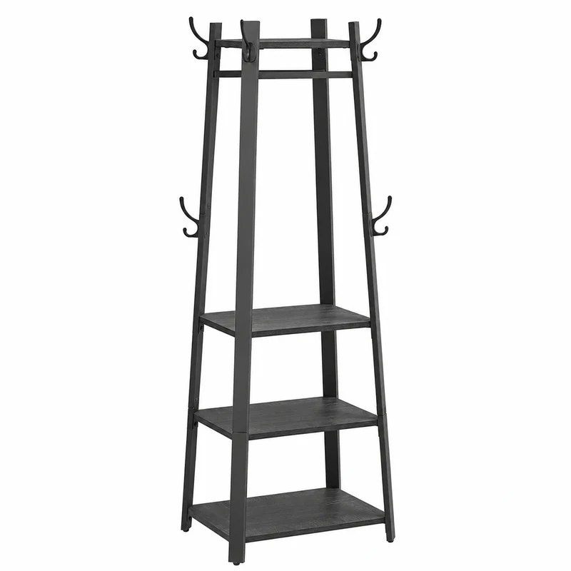 VASAGLE Garderobenständer, Kleiderständer mit 8 Haken, 4 Regale und Kleiderstange, Metallrahmen, für Flur, Schals, Jacken, Taschen, Anthrazitgrau-Schwarz