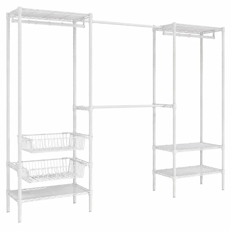 Robuster Metall-Garderobenständer, Erweiterbar mit 2 Schiebekörben, Offenes Design, 249-297 x 40 x 192 cm, Weiß