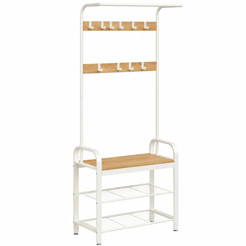 Moderner VASAGLE Kleiderständer mit Schuhbank, 4-in-1 Design, 9 Haken, Eiche-Weiß, 33,7 x 72 x 183 cm