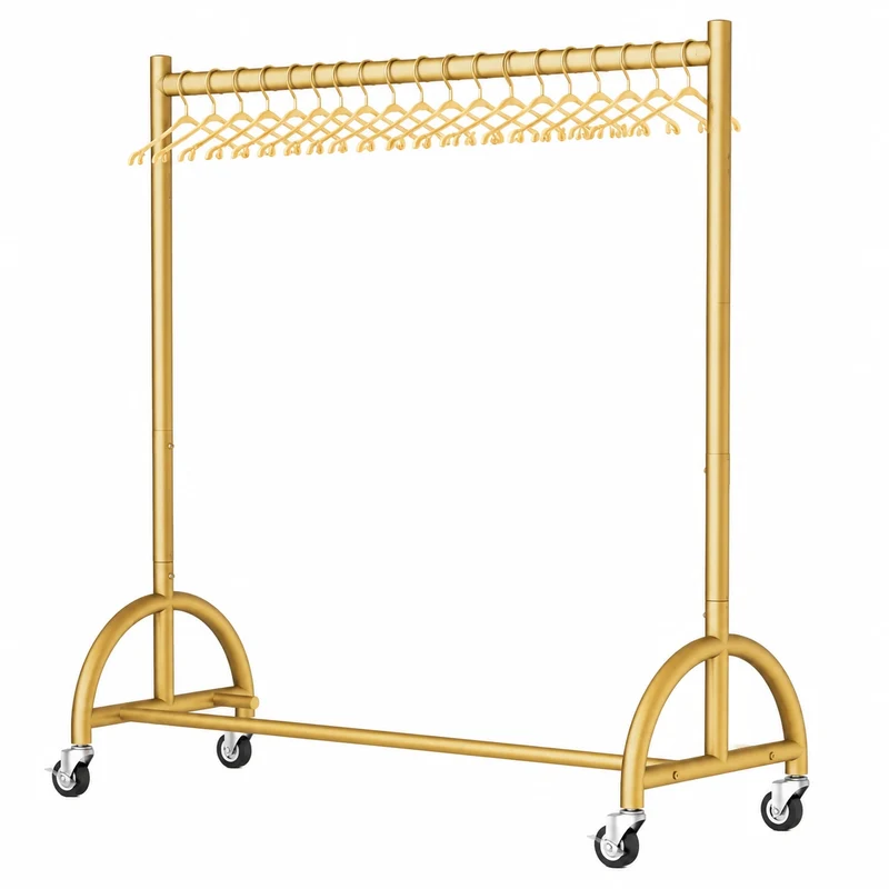 MISSLO Robuster Kleiderständer auf Rollen im Metall-Design, Gold – Mobil mit Ablage für Kleidung und Mäntel