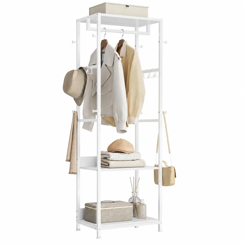 VASAGLE Garderobenständer aus Stahl, Kleiderstange mit Haken, Ablage für Kleidung, Taschen und Hüte, Wolkenweiß
