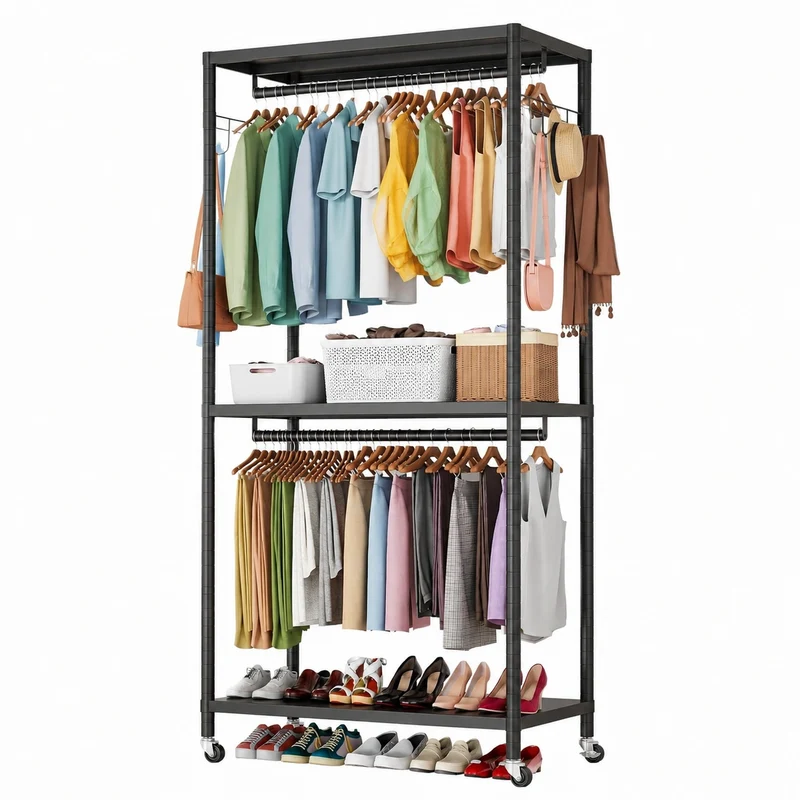 Robuster AQRA Kleiderständer mit Rollen, Metall, 200 kg Kapazität, 90x40x200 cm, Offenes Design mit 2 Stangen, 3 Regalfächern und 2 Haken