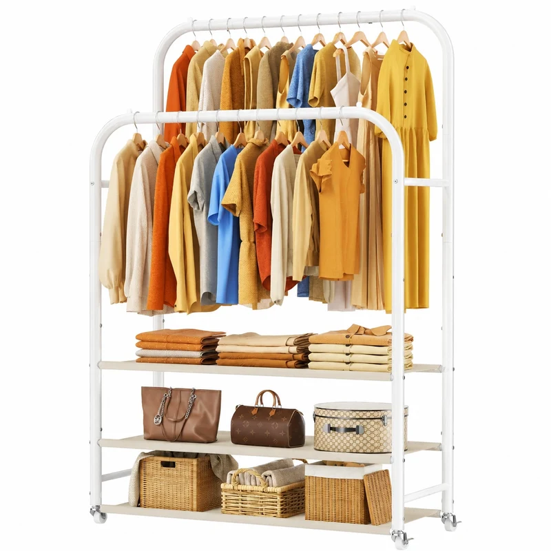 HOMIDEC Mobiler Kleiderständer mit Doppelstangen und 3 Regalböden, Metallrahmen, Belastbarkeit bis 80 kg, ideal für Schlafzimmer, Waschküche & Geschäfte, Weiss