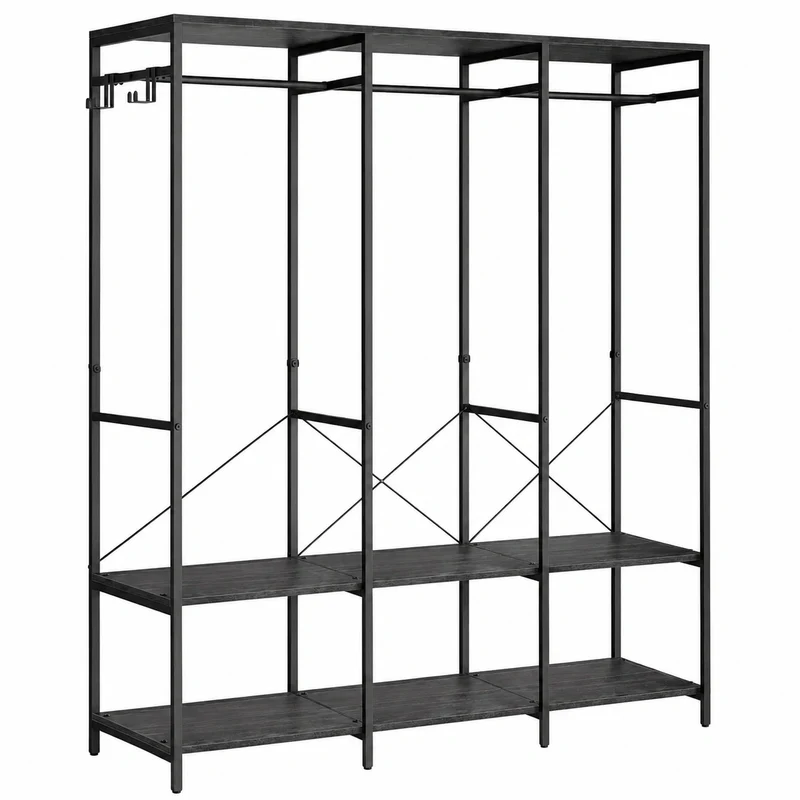 Offener Kleiderschrank mit Kleiderstange und Ablagen, abnehmbare Haken, 40 x 141 x 180 cm, Ebenholzschwarz