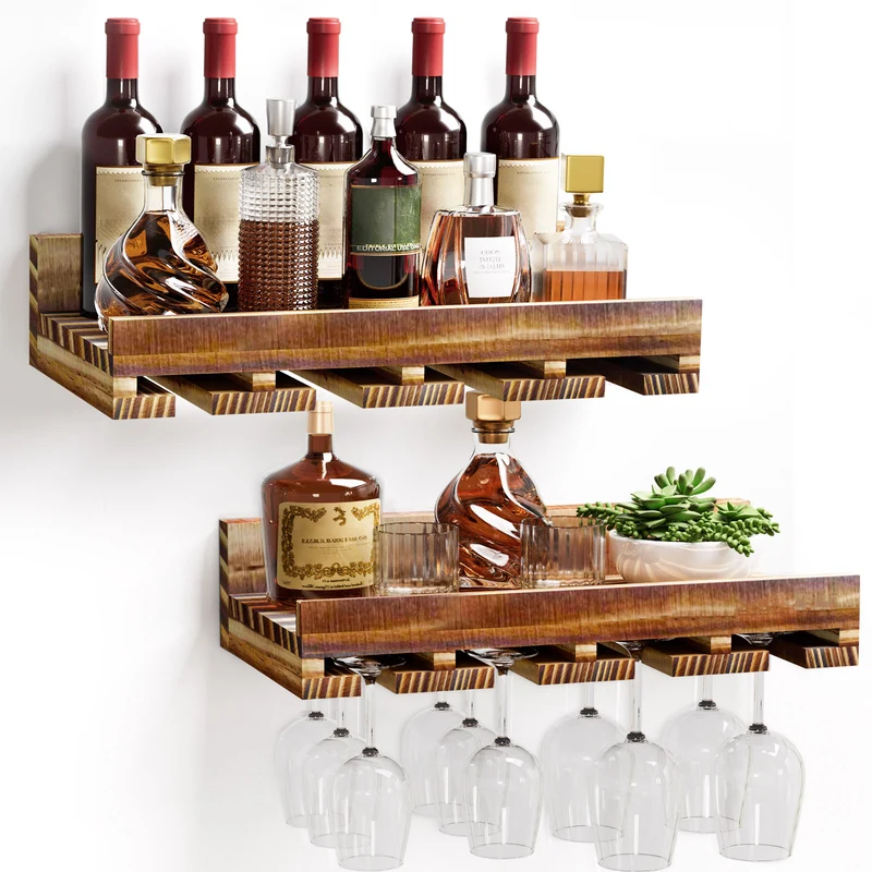 Yorbay Wand-Weinregal 2er Set aus Kiefernholz mit Ablage & Weinglashalter