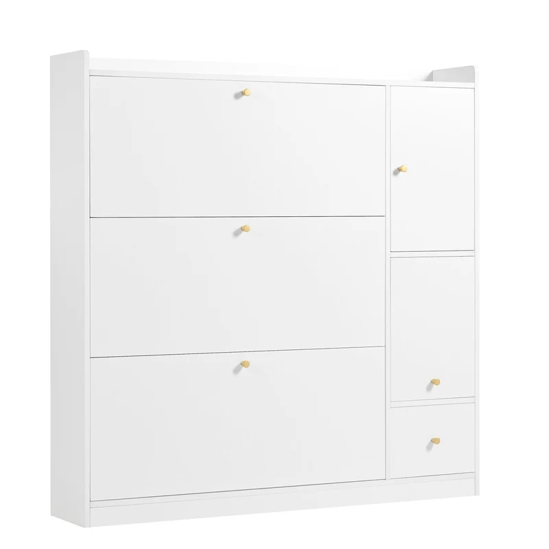 Schuhschrank mit 3 Klappen, 2 Schubladen & Sitzbank, 119 x 24 x 122 cm