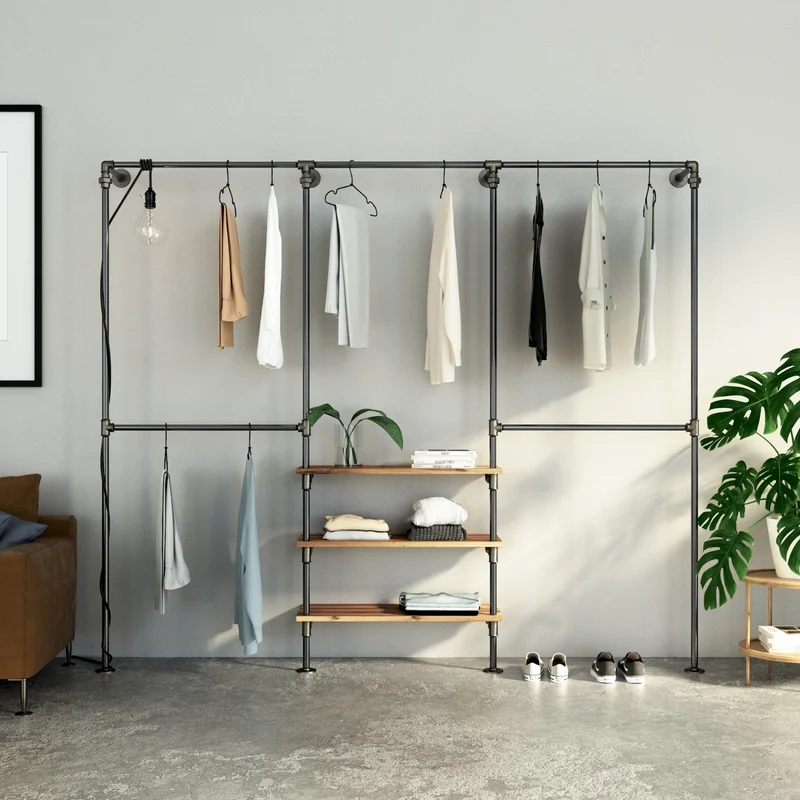 TRIPLE Shelf - Kleiderstangen System mit 3 Reihen und 3 Regalen – Kleiderständer aus Stahl & Holz im Industrial Style