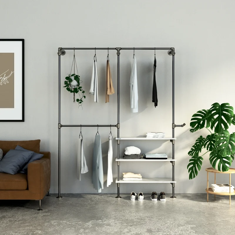 DOUBLE Shelf - Kleiderstangen System mit 2 Reihen und 3 Regalen – Kleiderständer aus Stahl & Holz im Industrial Style