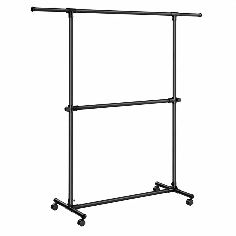 SONGMICS Höhenverstellbarer Kleiderständer mit 2 Stangen, ausziehbar und rollbar, 113-180 cm, schwarz