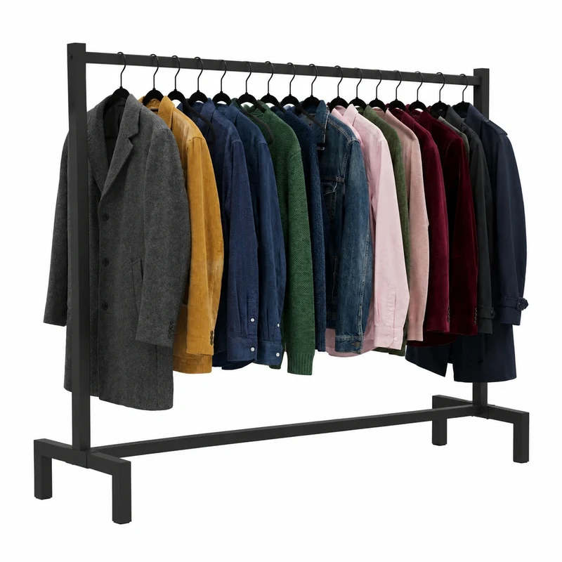 Industrieller schwarzer Kleiderständer aus Metall mit Stange, robust für Flur und Büro, 150x38x120 cm