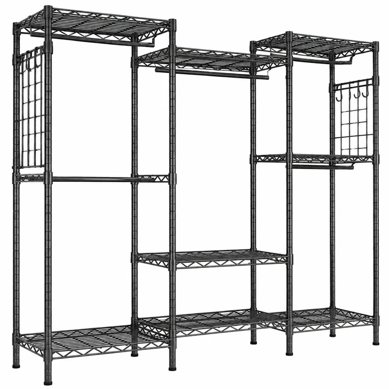 HOKEEPER Schwerlast Kleiderstange mit Netzablage und Haken, bis 498 kg belastbar, verstellbar, tragbar, Schwarz (177 x 43 x 193.5cm)