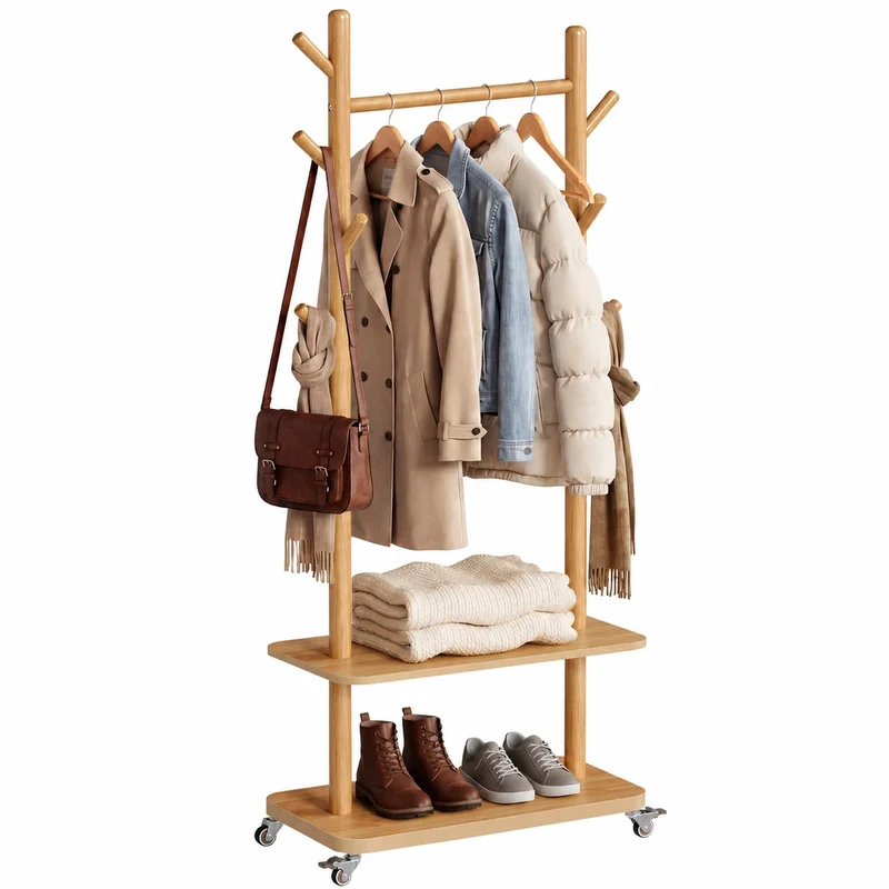 VASAGLE Kleiderständer mit 7 Haken, 2 Ablagen und 4 Rollen, Massivholz, ideal für Flur und Schlafzimmer, natur