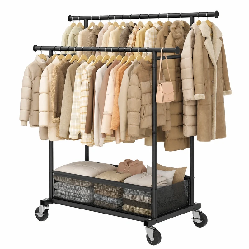 Doppelter Metall-Kleiderständer mit Rollen und Wäschekorb, 110KG Belastbarkeit, ideal für Kleidung, Pullover und Wintermäntel