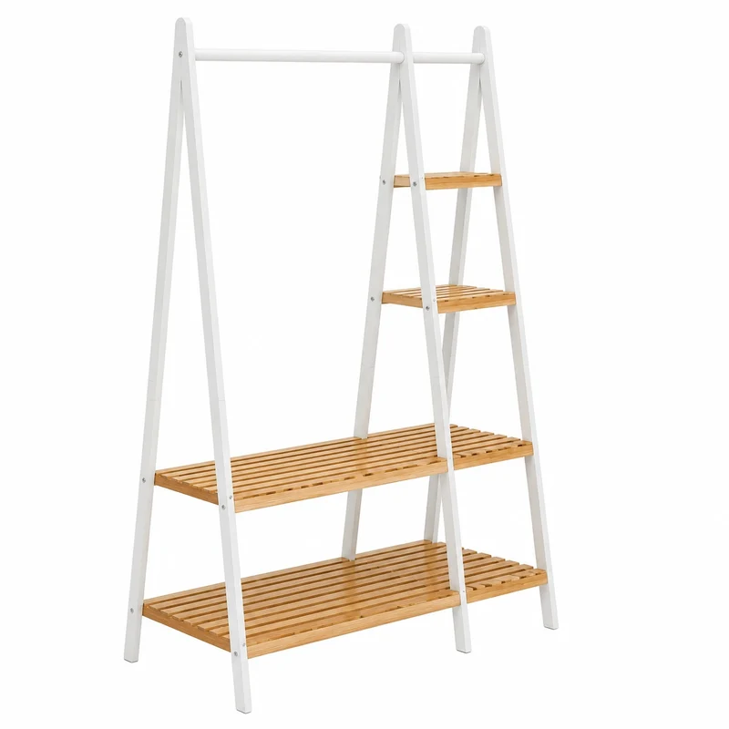 Bambus-Garderobenständer mit Schuhablage, 7 Ablagen, 110x44x160 cm, Weiß