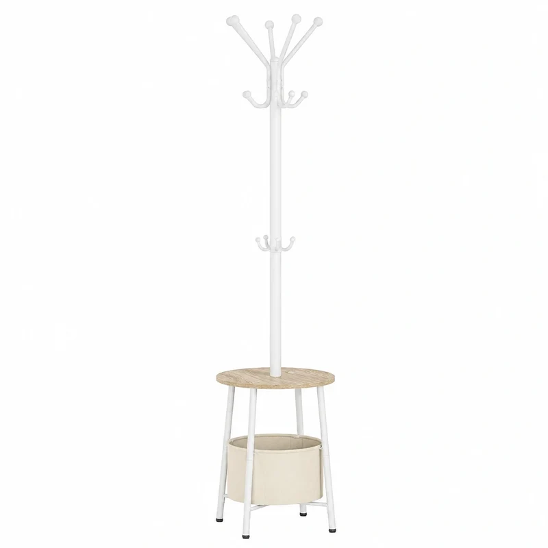 Moderner Garderobenständer mit großem Korb und 12 Haken, 182 cm, Weiß