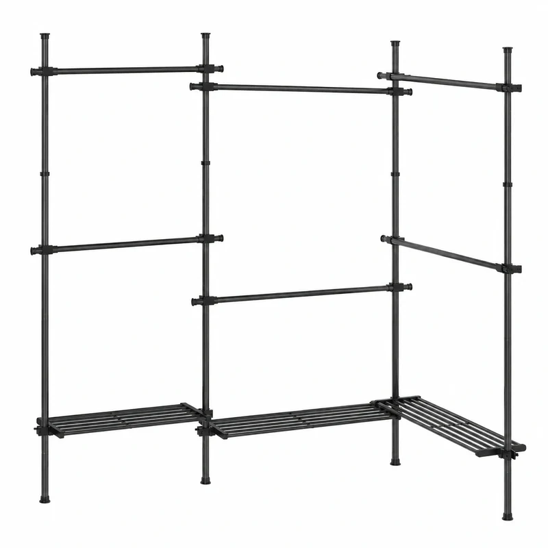 SONGMICS Verstellbarer Kleiderschrank, 3-stufig mit Kleiderstangen, Teleskopgarderobe in Mattschwarz, flexibel anpassbar, inklusive 6 Stangen und 3 Ablagen