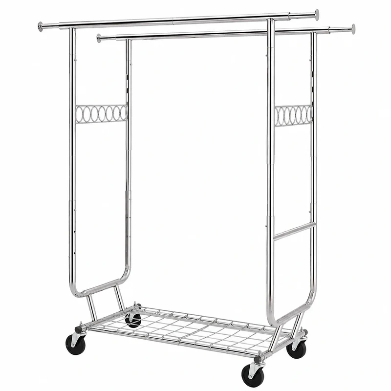 HOKEEPER Robuster Doppelt-Kleiderständer bis 272 kg, Schwerlast-Industriedesign mit Rollen und zusätzlicher Ablage