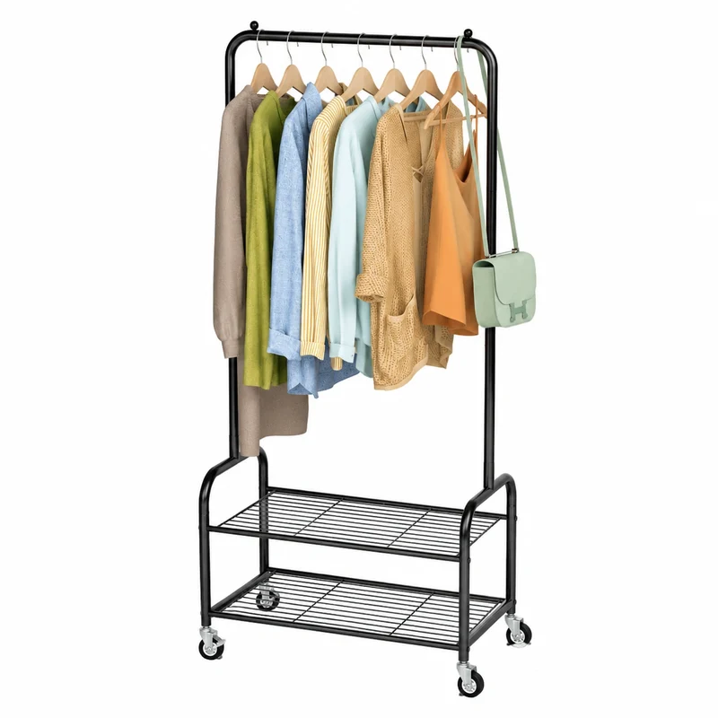 MISSLO Robuster Kleiderständer mit Rädern und Ablageböden, 118 cm Metall-Garderobenstange für Schlafzimmer, Belastbare Kleiderstange für Kleidung und Mäntel, Schwarz
